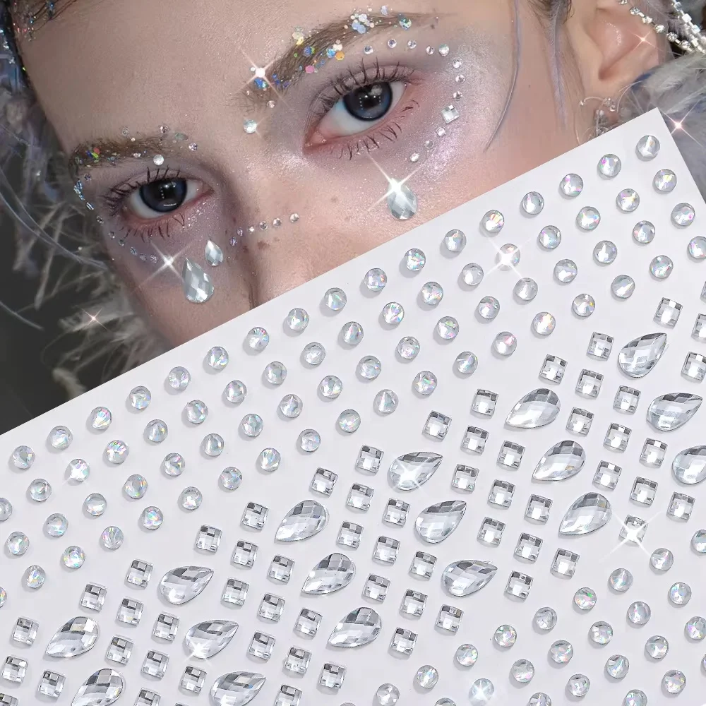 255Pcs/sheet 5D Over-size Iridesent Clear Tears Face Diamond Stickers Round/Square Crystal Face Decal Mixed Makeup Face Slider