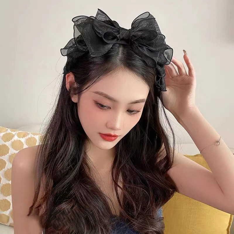 Fashion Black Mesh Big Bow Headband for Women Elegant Bow Hairband Korean Fairy Hair Hoop Sweet Girls Hair Accessories