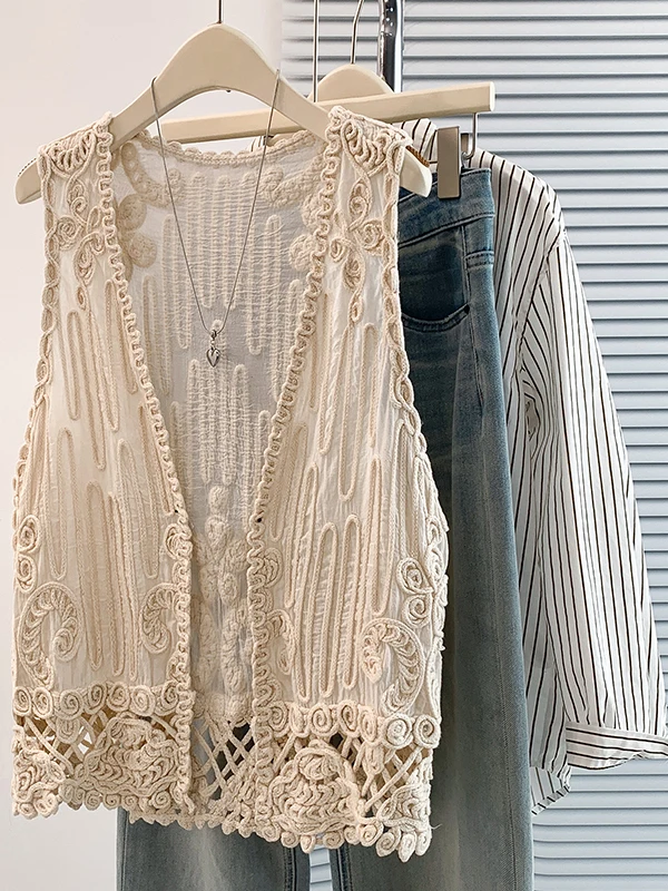

Summer New Design Large Size Women's Tank Top Open Cardigan Embroidered Hollow out Floral Hook Pattern Versatile Comfortable Fit