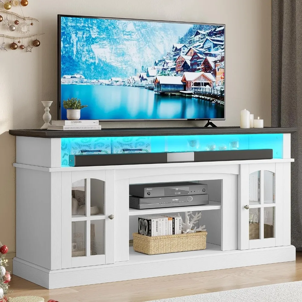 

LED Farmhouse TV Stand for 65 Inch w/Outlets,Console Table Adjustable Storage Shelves &Cabinet Glass Door for 400lbs