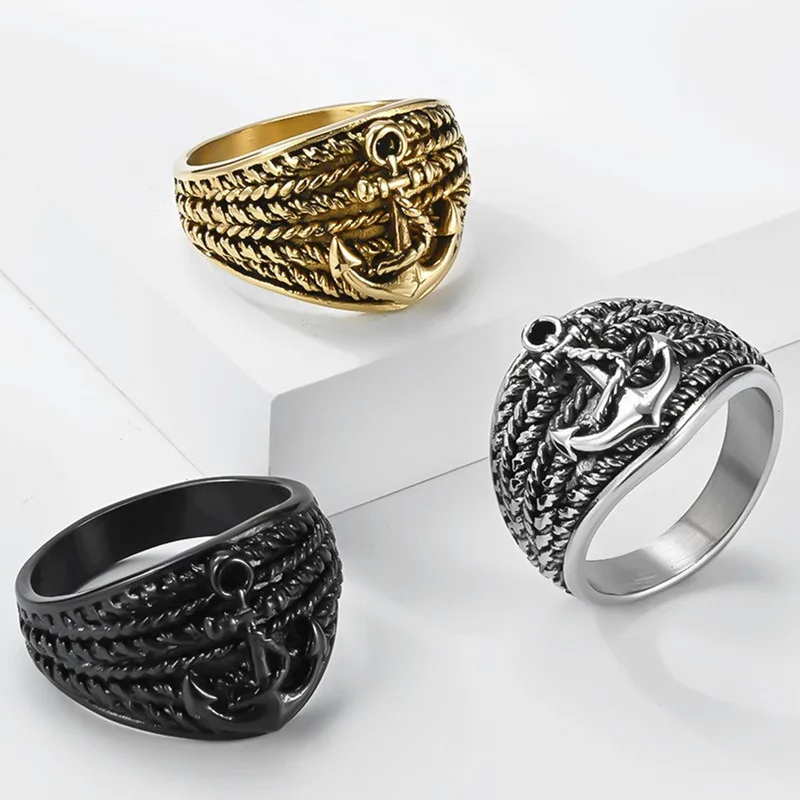 Vintage Anchor Rope Pattern Carving Gold Filled Stainless Steel Rings for Men Sailing Sailor Cool Masculine Finger Band 3 Colors