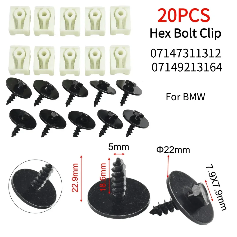 

20pcs Hex Bolt Clip Car Plastic 07147311312 / 07149213164 Black +White Front Rear Fender Screw Bolt Retainer Fender Cover Screw