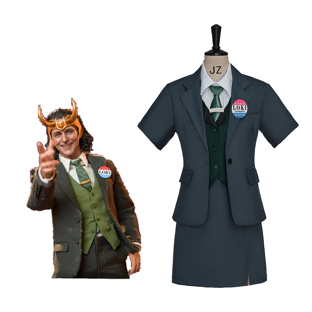 

Loki Cosplay Costume Uniform Skirt Suit Tie Loki Badge Full Set Loki For President Cosplay Outfit Woman Halloween Carnival Suit