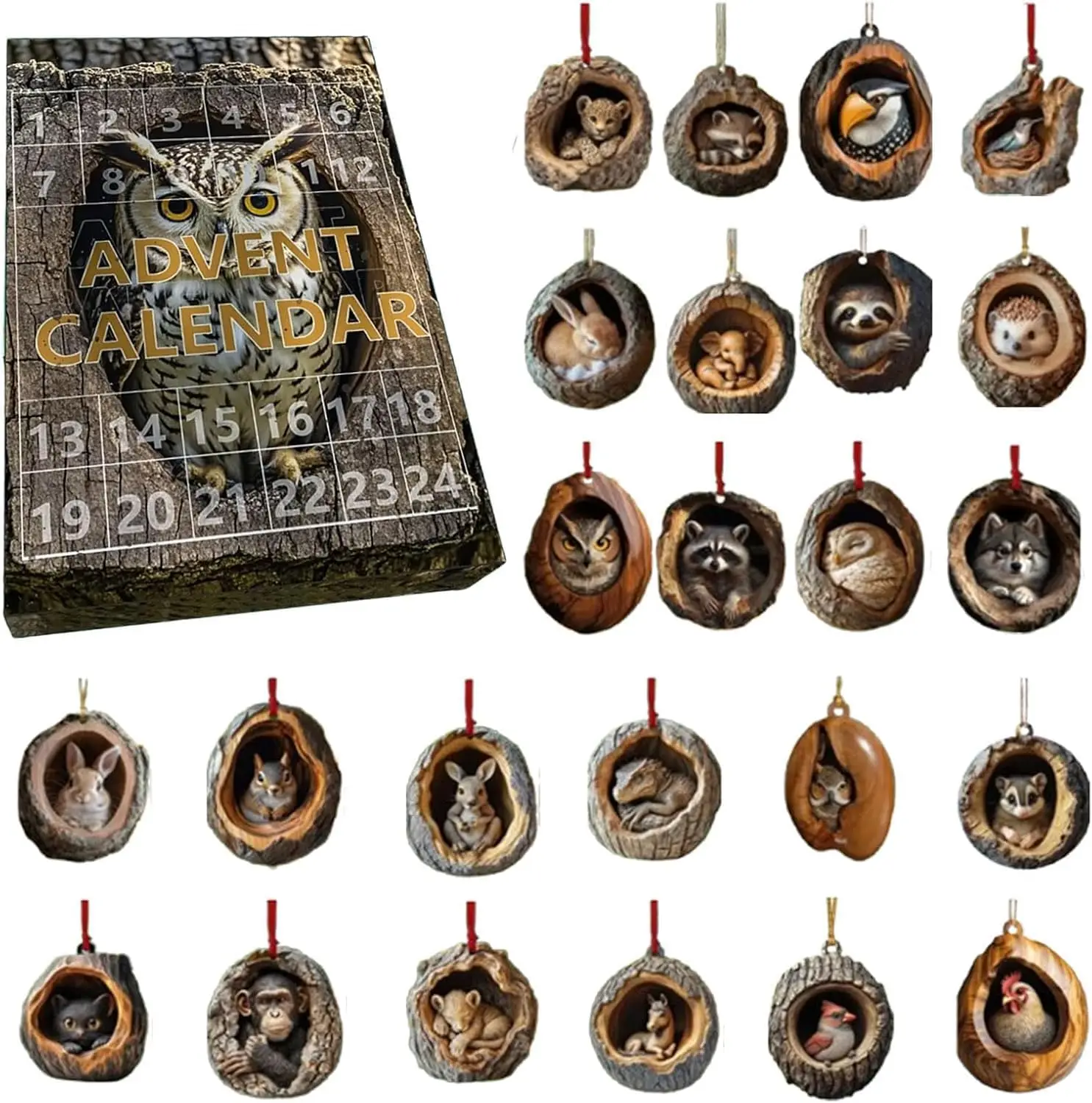 

Лесные рождественские украшения Адвент-календарь 2024, 2D акриловый орнамент с рисунком рождественской елки и животных, 24 шт. Рождество