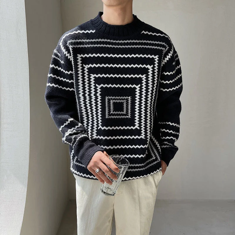 Back Half High Neck Pullover Sweater Black White Line Striped Print Knitted Sweater For Men Pull Homme Men Winter Sweater Brand