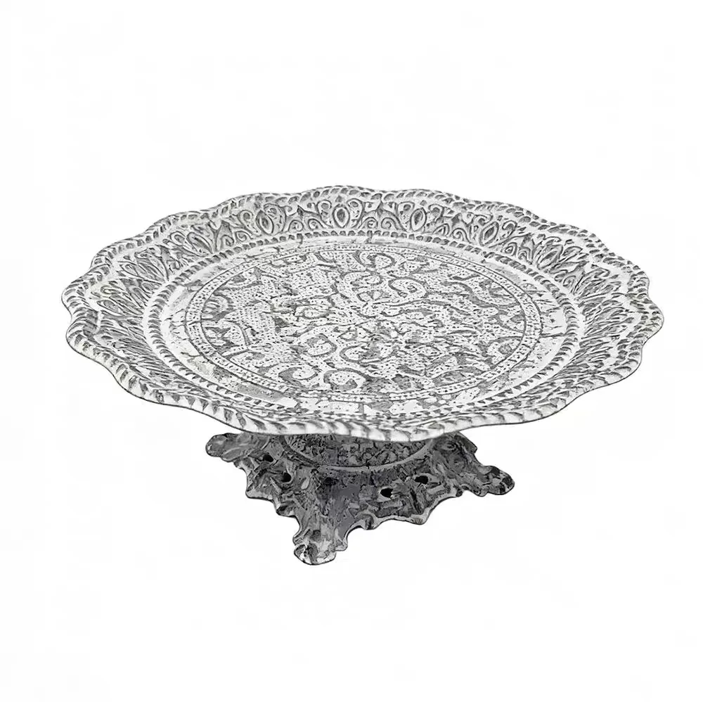 

Decorative Cake Stand Set, Distressed Antique Gray Metal with Ornate Filigree Design, 2 Piece Pedestal Serving Trays, 25cm and 2