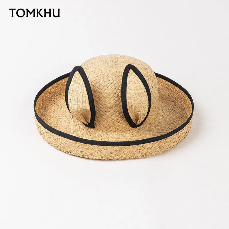 

Korean Fashion Cute Girl Rabbit Ears Dome Curling Handmade Raffia Straw Hats For Women Summer Vintage Vacation Sun Hat Beach Cap