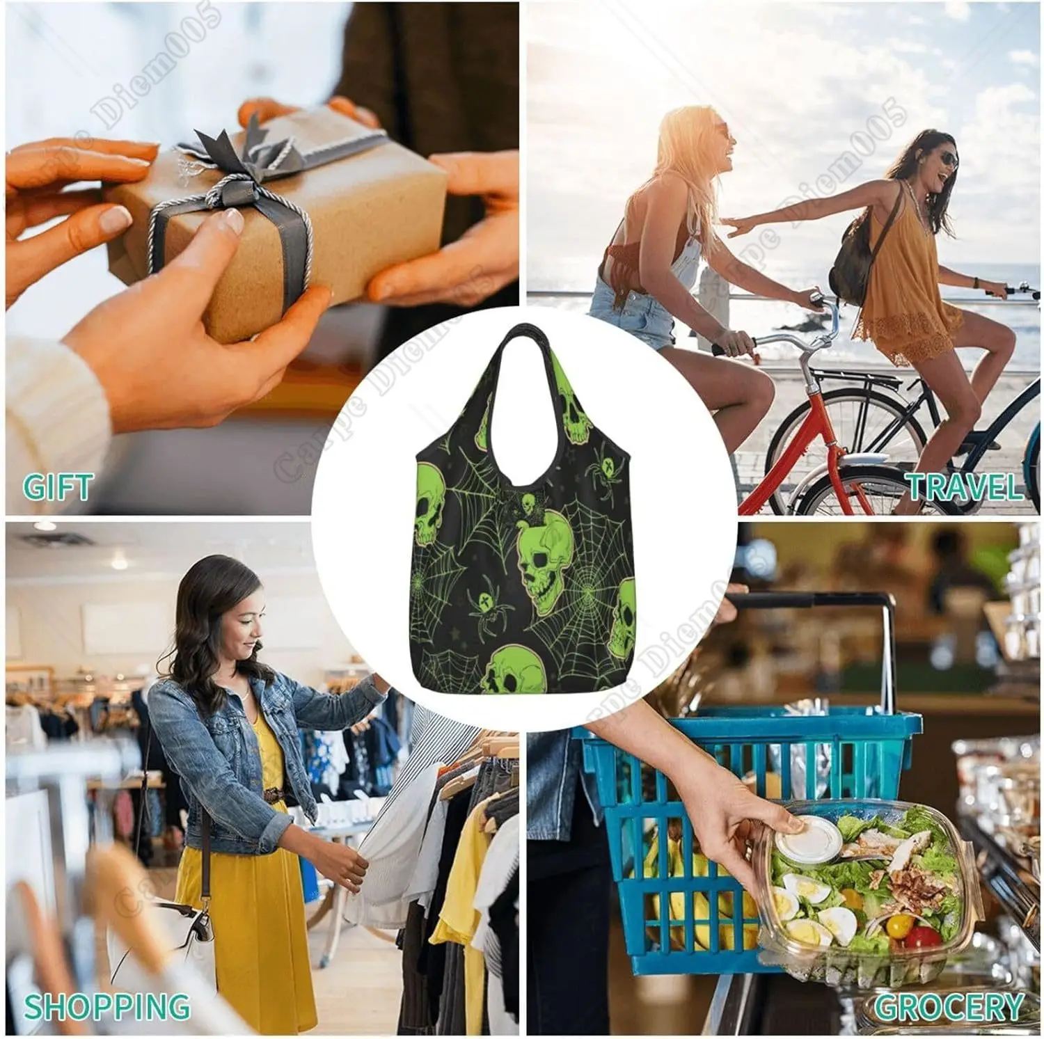 Goth Green Skull Cobweb Halloween Pumpkins Shopping Bags Washable Foldable Shopping Bags Recycling Bags Portable Shopper