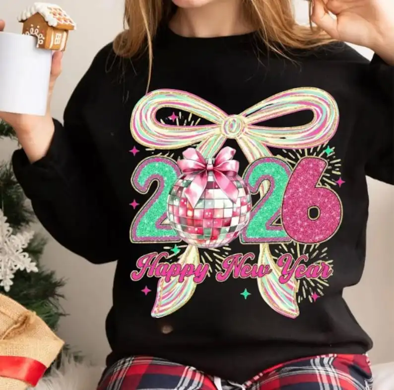 Coquette سعيد بريق الفصل الجديد Brushstroke السنة الجديدة ديسكو الكرة البلوز مرسومة باليد مرحبا 2026 الحرارية هوديي البلوز #1
