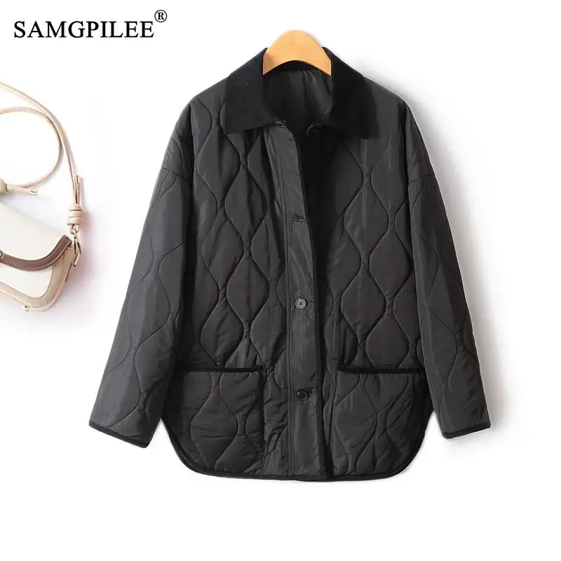 

European Loose Turn Down Collar Classic Lightweight Quilted Padded Jackets Mid Length Elegant Warm 2023 Winter Cotton Coats 4XL