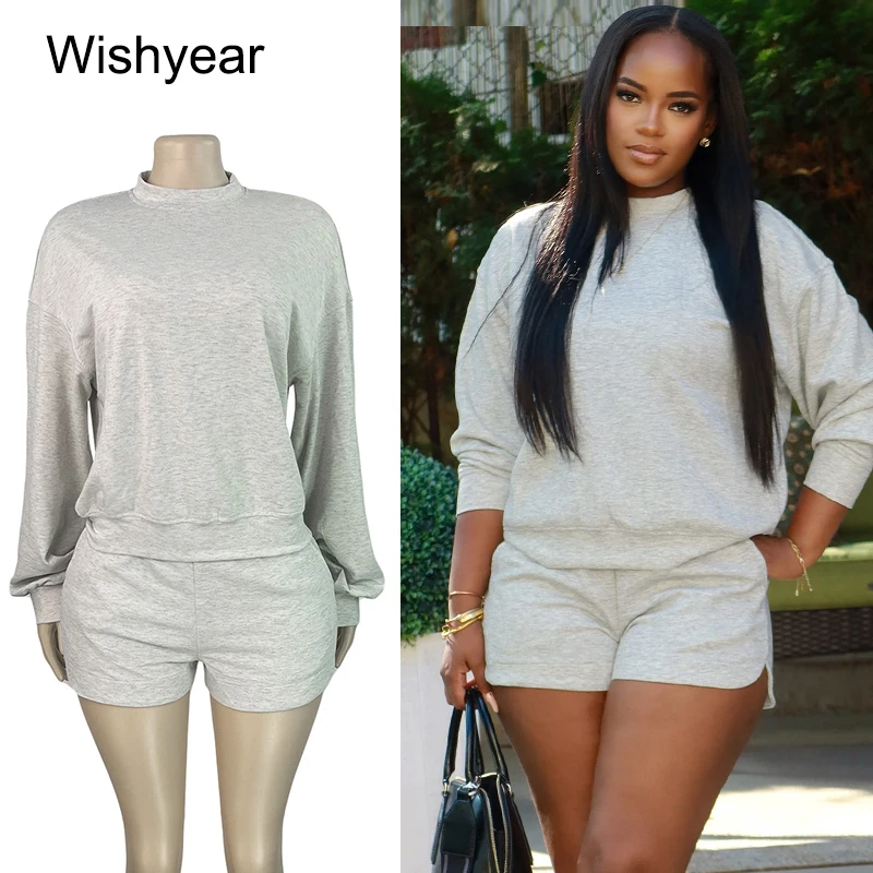 

Casual Women's 2-Piece Tracksuit Sports Set Long Sleeve O-Neck Sweatshirt Pullover with Pockets Short Pants Streetwear Outfits