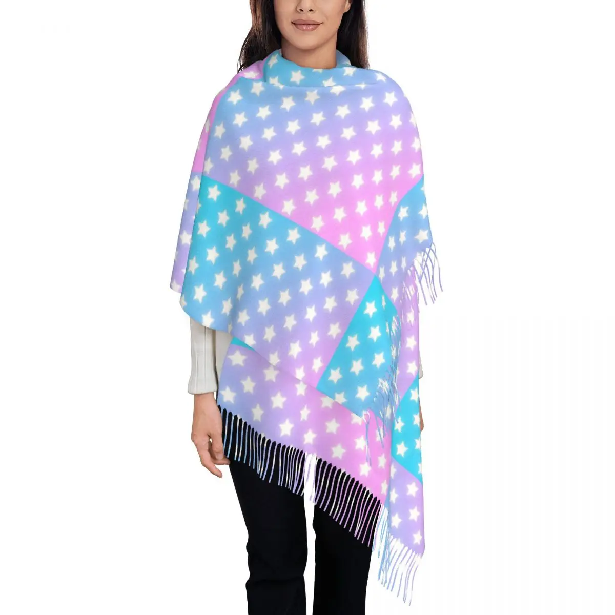 White Stars Print Scarf with Tassel Colorful Ombre Outdoor Shawls Wrpas Female Designer Headwear Scarves Winter Vintage Foulard