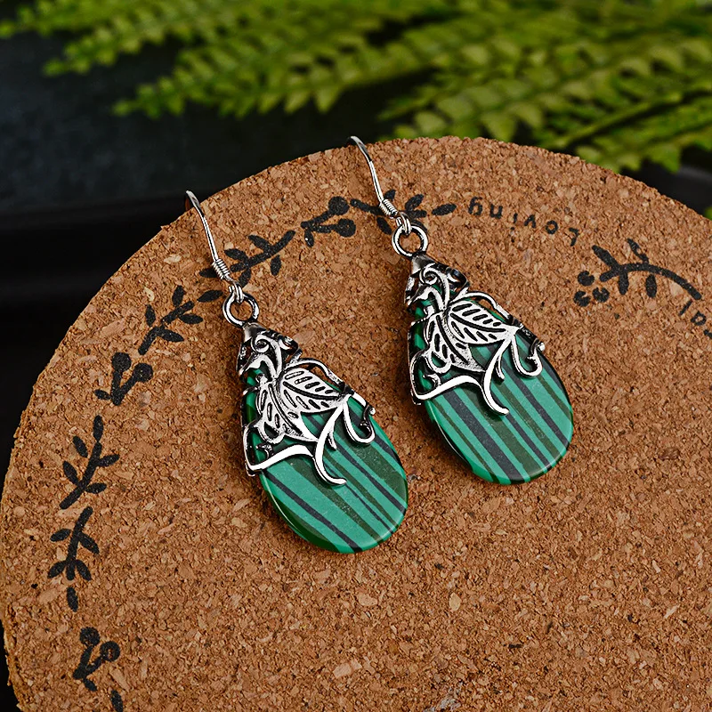 Natural Green Malachite Hand Carved Drop Earrings Fashion Jewelry Men\'s and Women\'s 925 Silver Inlaid Drop Earrings