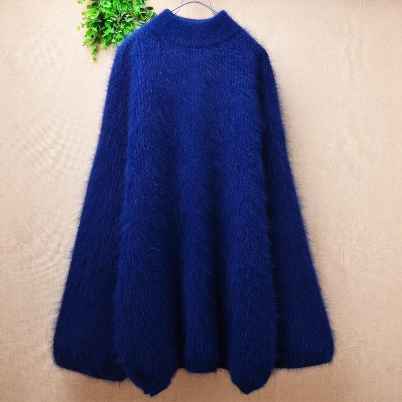 

Female Women Spring Winter Blue Thick Warm Hairy Mink Cashmere Knitted Long Flare Sleeves Loose Pullover Angora Sweater Jumper