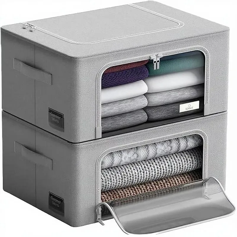 Foldable Fabric Storage Box with Transparent Window and Metal Frame Large Capacity Cube Organizer for Clothes Bedding