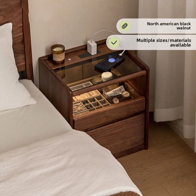 Solid wood bedside table, light luxury style with socket, small bedside cabinet, black walnut home drawer cabinet.