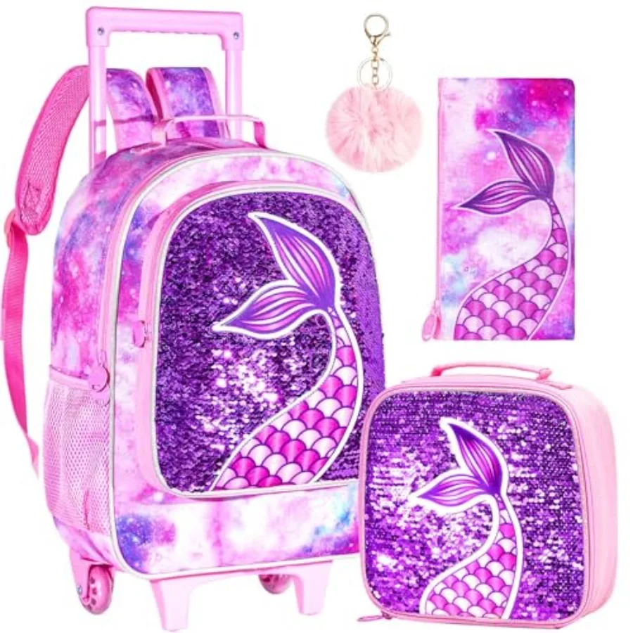 

Rolling Backpack for Girls, Roller Wheels Bookbag - Wheeled Suitcase Elementary Sequin School Bag - 3PCS