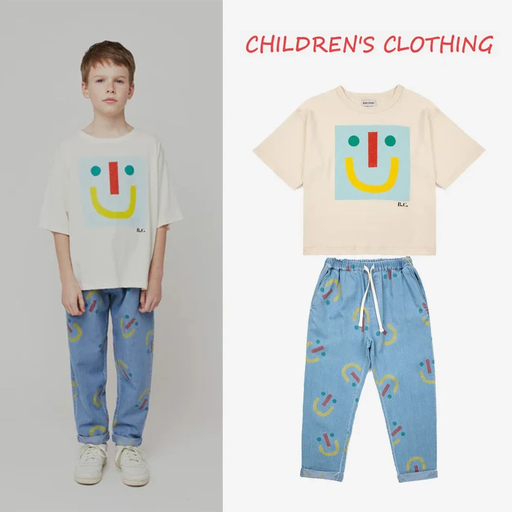 

2024 INS Autumn/Winter Children's Leisure Cute Happy Smiling Face T-shirt Jeans Sweater Handsome Childrens Set Clothing Suit