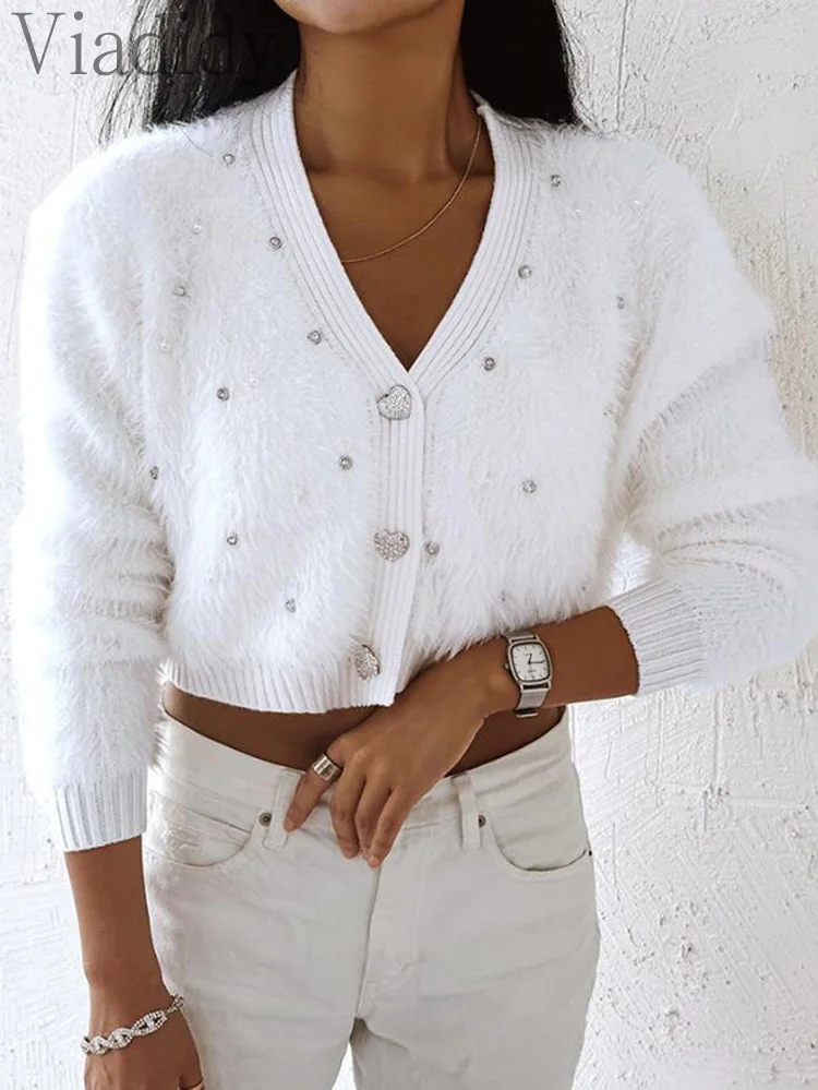 Women Elegant Solid Color Fuzzy Button Studded Decor Crop Sweater Cardigan