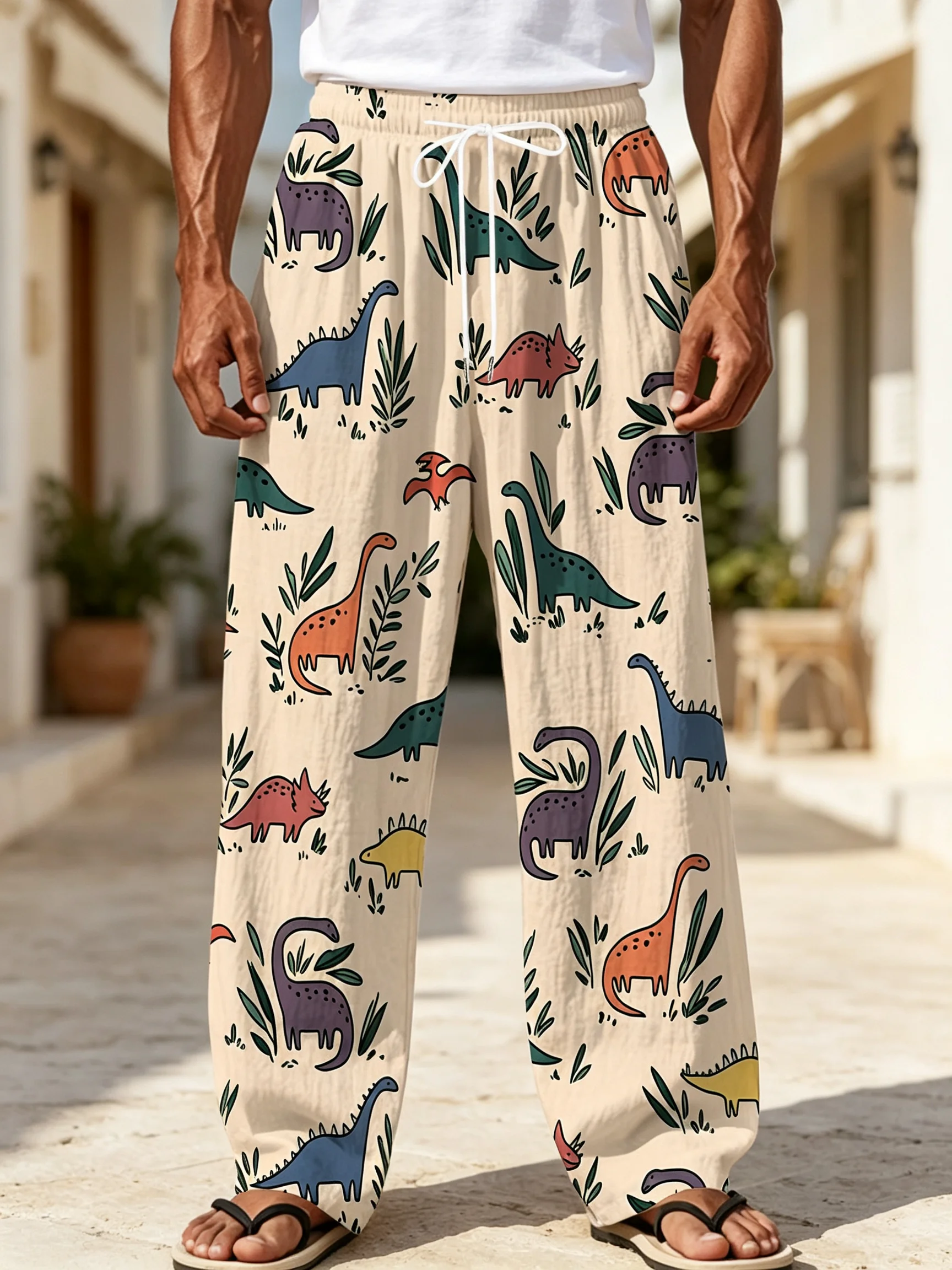 Men's Dinosaur & Plant Print Joggers - Loose Fit Casual Pants with Drawstring Waist, Multicolor Dinosaur Design
