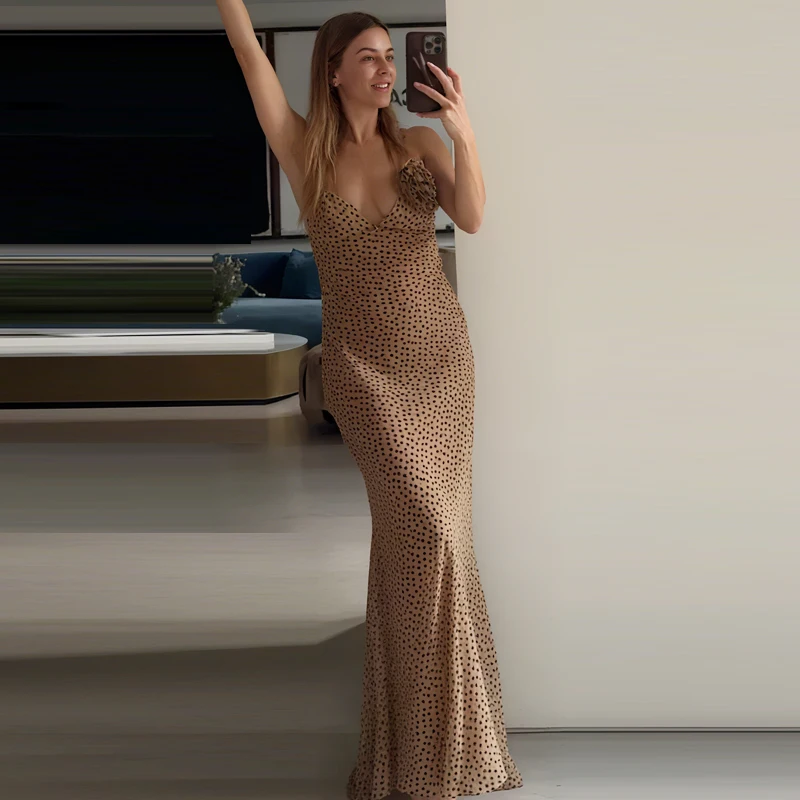 HXAO Abito sottoveste a pois Abiti da donna Estate 2025 Abiti da sera Abito lungo Boho floreale con scollo a V senza maniche Abiti senza schienale