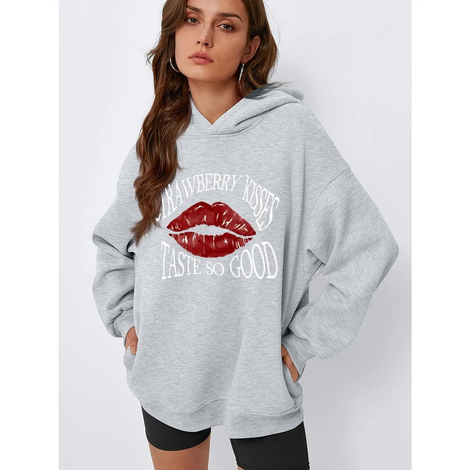 سويت شيرت نسائي بقلنسوة مطبوع بأكمام طويلة، بلوفر كاجوال للخريف والشتاء، نسيج بوليستر ناعم، ملابس خروج فضفاضة