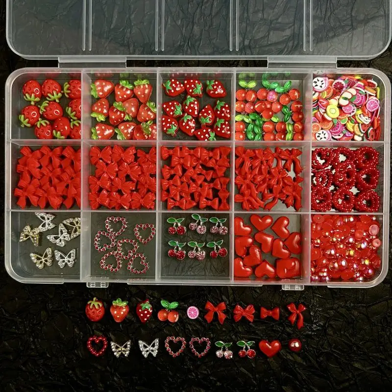 

1Box Realistic Strawberry Red Bows Nail Art Decorations Exquisite Alloy Butterfly Cherry Nail Charms for DIY Manicure Ornaments