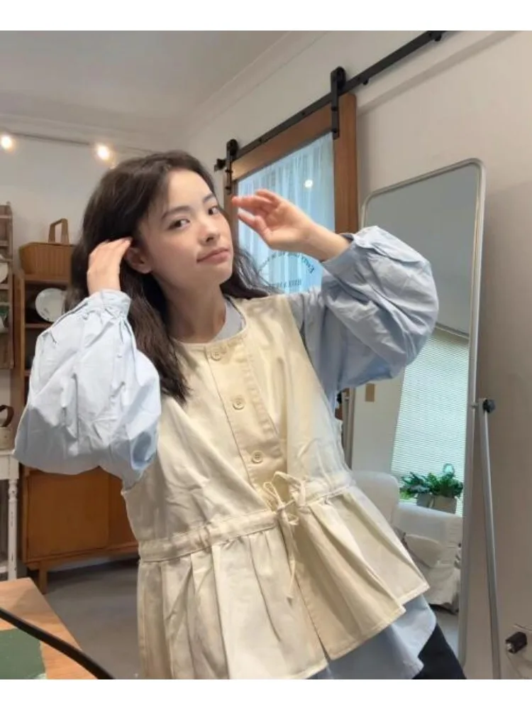 سترة المرأة الحلو الرباط الدانتيل يصل الخصر أكمام صدرية قميص الربيع الصيف الصلبة عادية التداخل بلوزات فضفاضة سيدة