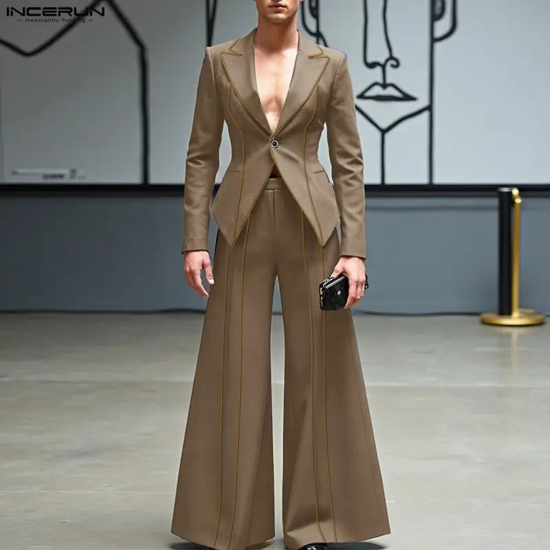 Incerun conjuntos masculinos retalhos elegante manga longa blazer & calças de perna larga duas peças define streetwear moda masculina ternos casuais
