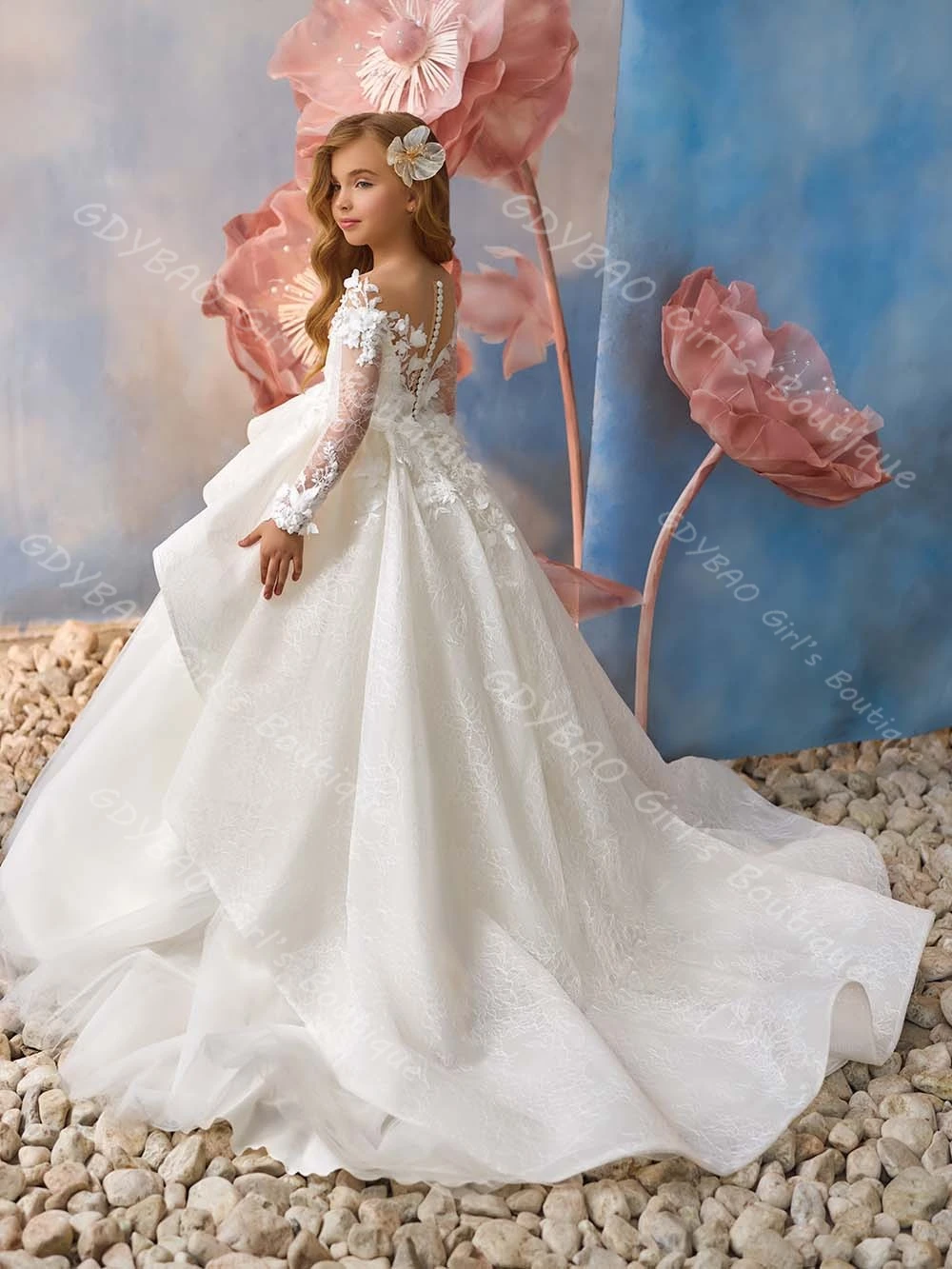 Aangepaste bloemenmeisje jurk voor bruiloft kinderen volledige mouw ruches heilige communie optocht jurk kralen kant verjaardagsfeestje jurk