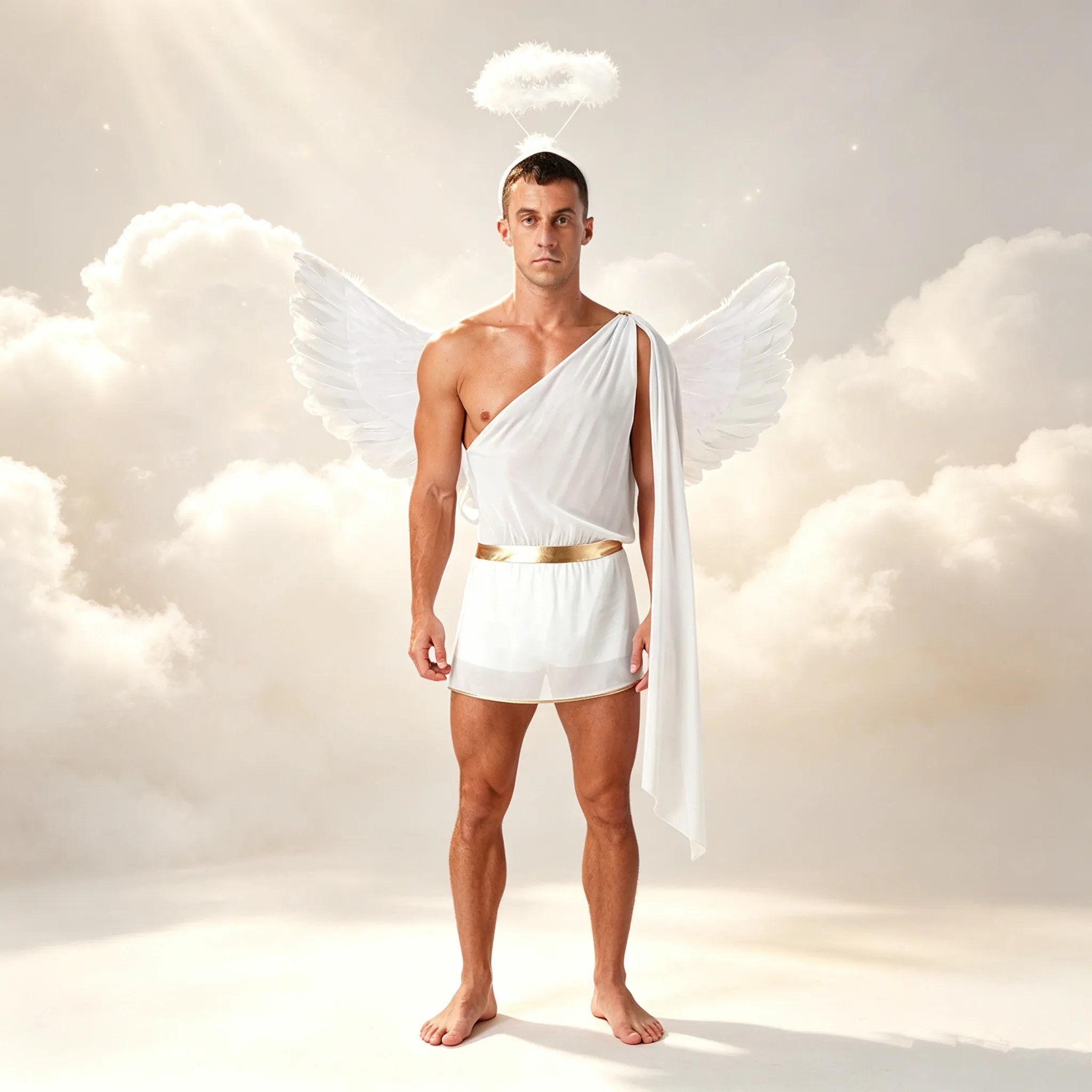 Men Halloween Angel Cupid God Devil Costume One Shoulder Dress with Feather Wings Theme Party Valentine's Day Role Play Clothes