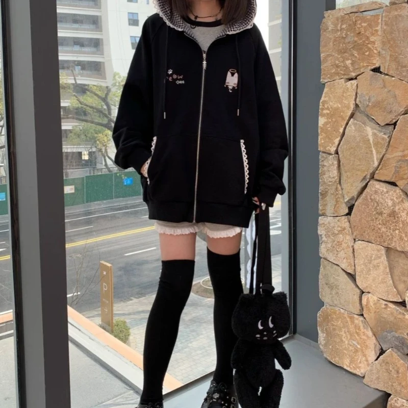 سترة نسائية بغطاء للرأس على الطراز الياباني من Deeptown سترة بقلنسوة برسوم كارتونية حلوة هاراجوكو سترة سميكة من Cutecore كبيرة الحجم بسحاب