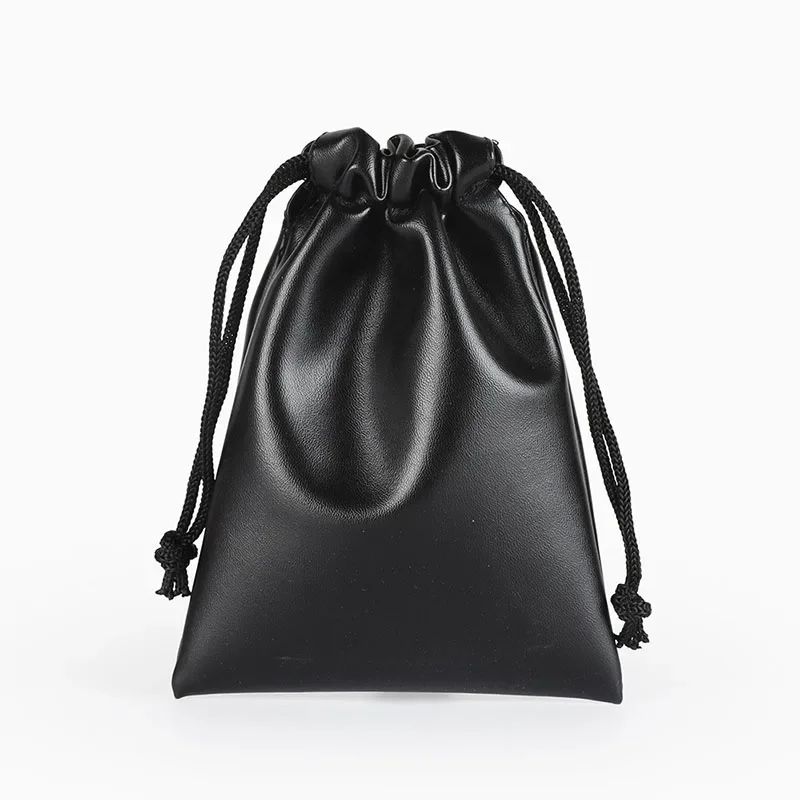 Black PU Leather Soft Headphone Drawstring Bags Fashion Earphone Data Cable Waterproof Solid Color Unisex Storage String Bag