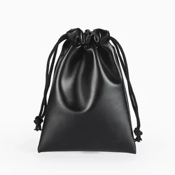 Black PU Leather Soft Headphone Drawstring Bags Fashion Earphone Data Cable Waterproof Solid Color Unisex Storage String Bag