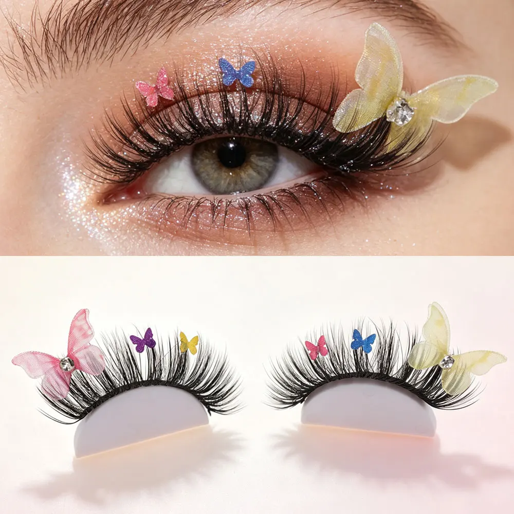 3D Faux Mink False Eyelashes Colorful Butterfly Rhinestone Decor Thick Fluffy Full Strip Lashes Fairy Stage Cosplay Halloween Pa