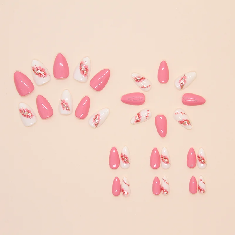 

24Pcs Long Almond Press on Nails - Blush Pink with White Base and Peach Blossom Print | For Women & Girls