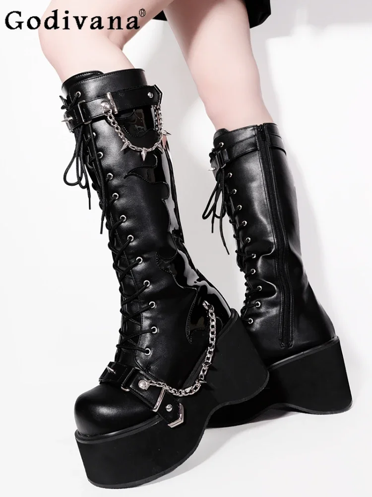 Fashion All-Match Punk Round Head Thick Bottom Women's Boots Spring Autumn Mixed Colors Rivet Metal Lace-up Y2K Hot Girl Boots