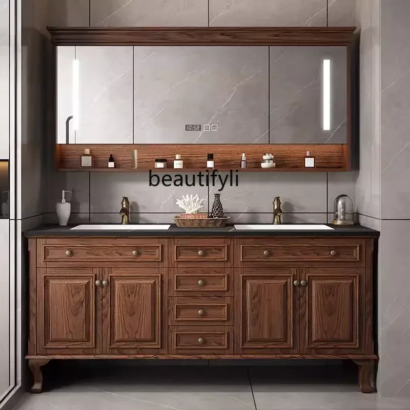 American Red Oak Stone Plate Bathroom Cabinet Bathroom Table Solid Wood Floor Intelligent Double Basin Wash Basin