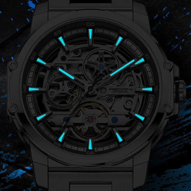 ABORNI 9039 Unique Design Skeleton Dial Tourbillon Men Watch Stainless Steel Waterproof Luxury Automatic Mechanical Men's Watch view 4