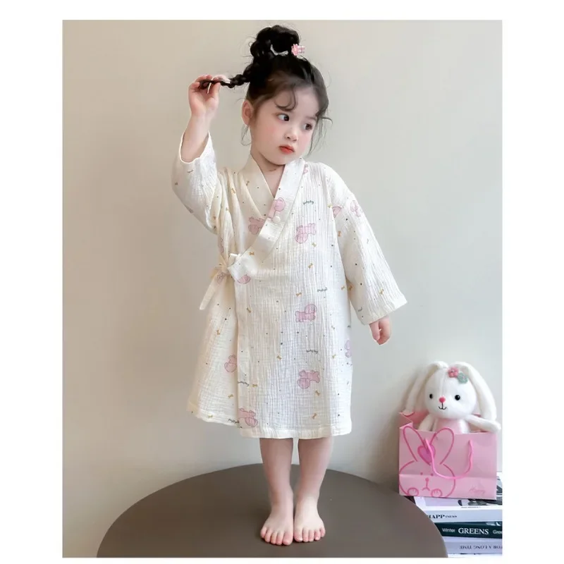 Girl's Robe, Spring and Autumn Children Can Wear Bath Towels, Bathrobes, Long Sleeved Gauze Pajamas for Baby Girls