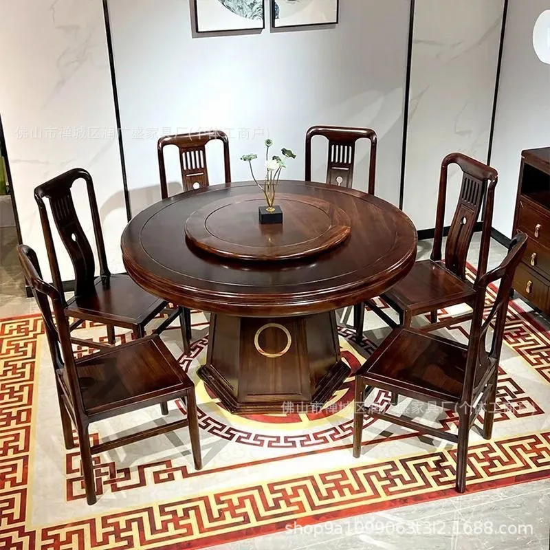 Dining Table Ebony Chinese Round All-solid Wood Dining Table And Chair Combination Living Room Simple Chinese Turntable Round Ta