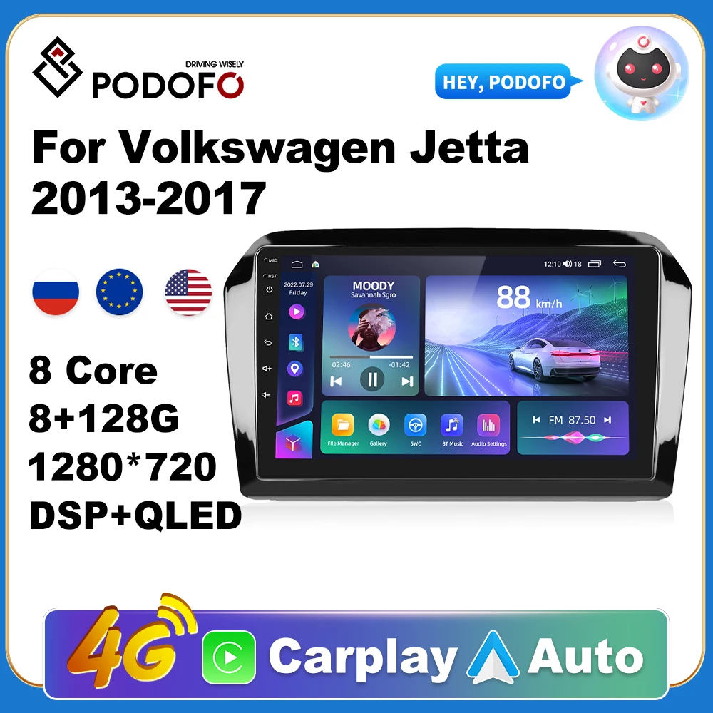 

Podofo 2 din Car Android CarPlay Radio Multimedia Player For Volkswagen Jetta 2013-2017 Autoradio AI Voice GPS Navi 4G WiFi