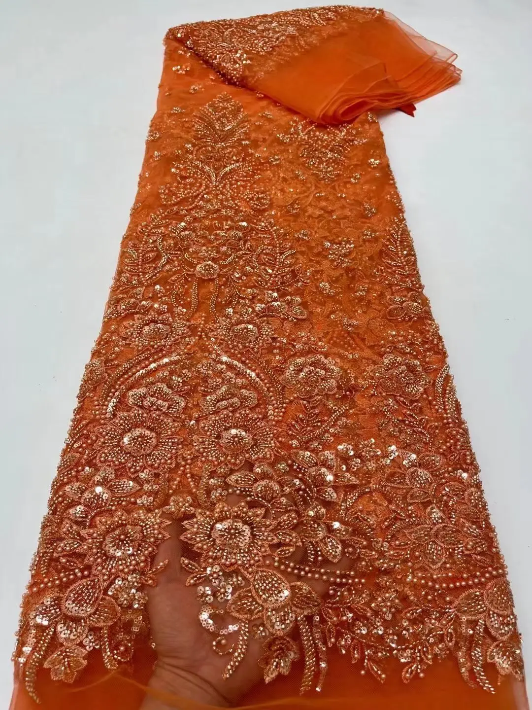 

High Quality ZH-1302457 African Nigerian Tulle beads Lace Fabric Embroidery Party Dress Sequins French Net Mesh Fabric