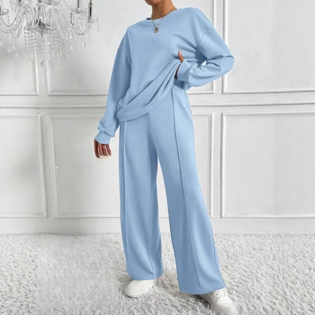 طقم نسائي جديد مكون من قطعتين لعام 2025 بأكمام طويلة مع بنطال ذو قصة أرجل واسعة ملابس رياضية غير رسمية لخريف وشتاء #3