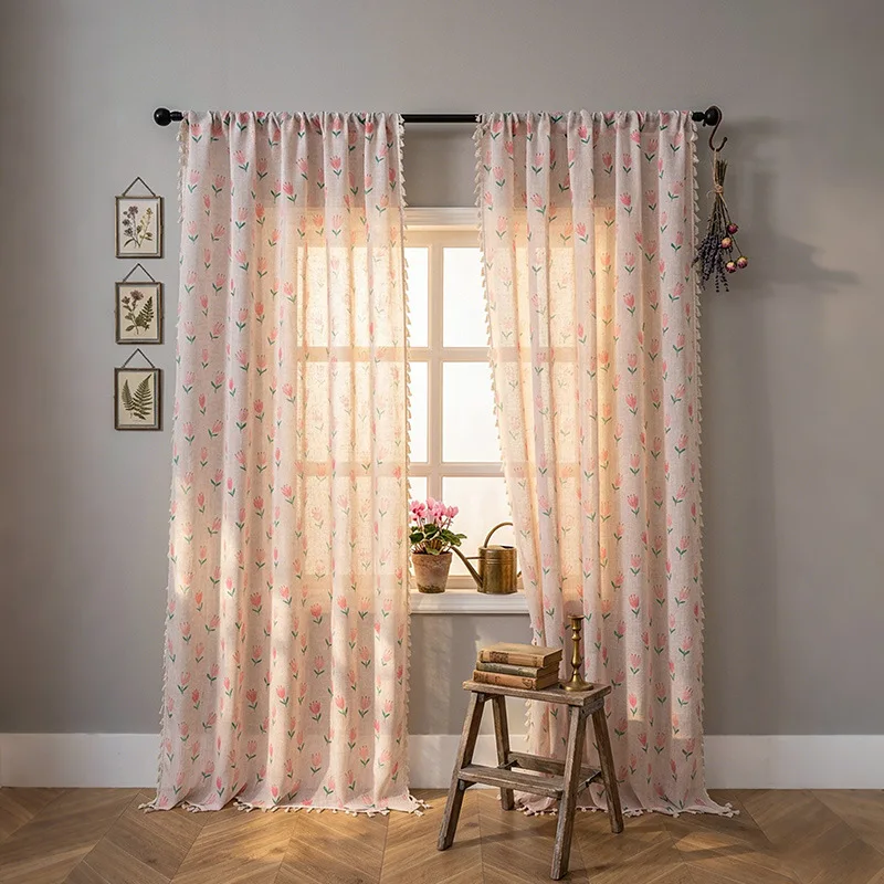 Pastoral Floral Linen Through-Bar Curtain Room Decorating Interior Half-Shade Window Curtains Spring Decoration Window Curtains