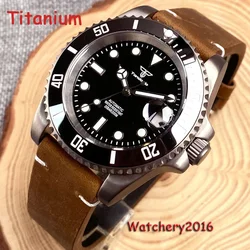 Tandorio 40mm T2 Level Titanium Watch For Men 20Bar Water Resistance 120 Clicks Rotating Bezel Black Dial Leather Watch Band