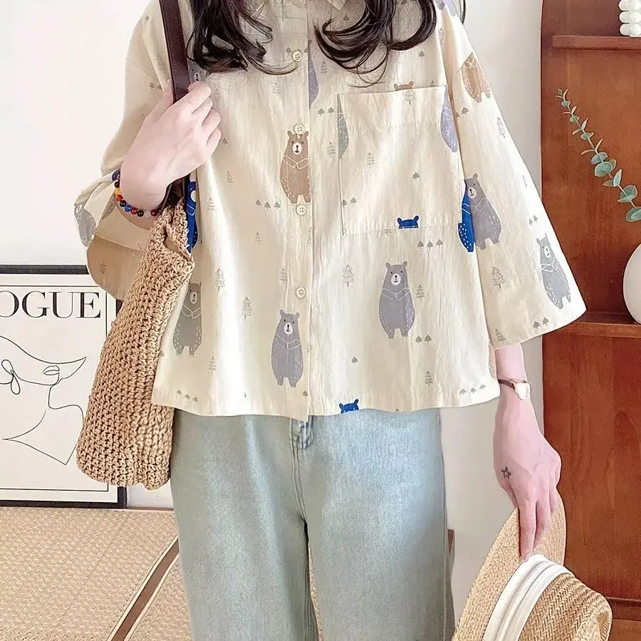 Women's Tops New Summer Shirts Cartoon Sweet Loose Japanese Harajuku Style Short Polka Dot Sleeves Shirt Casual Blouse Femmes