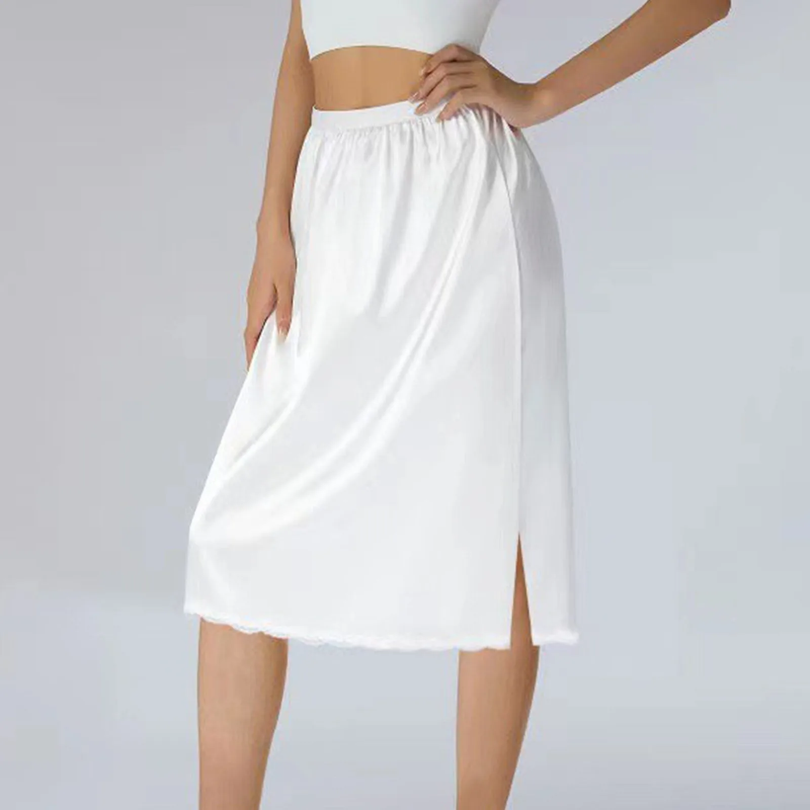 

2024 Womens Half Slips Elastic Waist Skirt Solid Color Underskirt Lace Trim Skirt For Extender Under Dresses Female Clothing