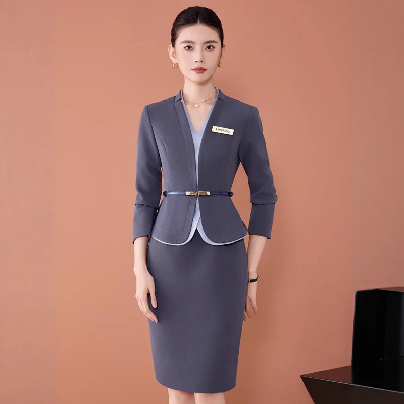 فستان ربيعي احترافي جديد بأكمام طويلة وقصة ضيقة أنيقة للأعمال مكونة من قطعتين ملابس عمل راقية