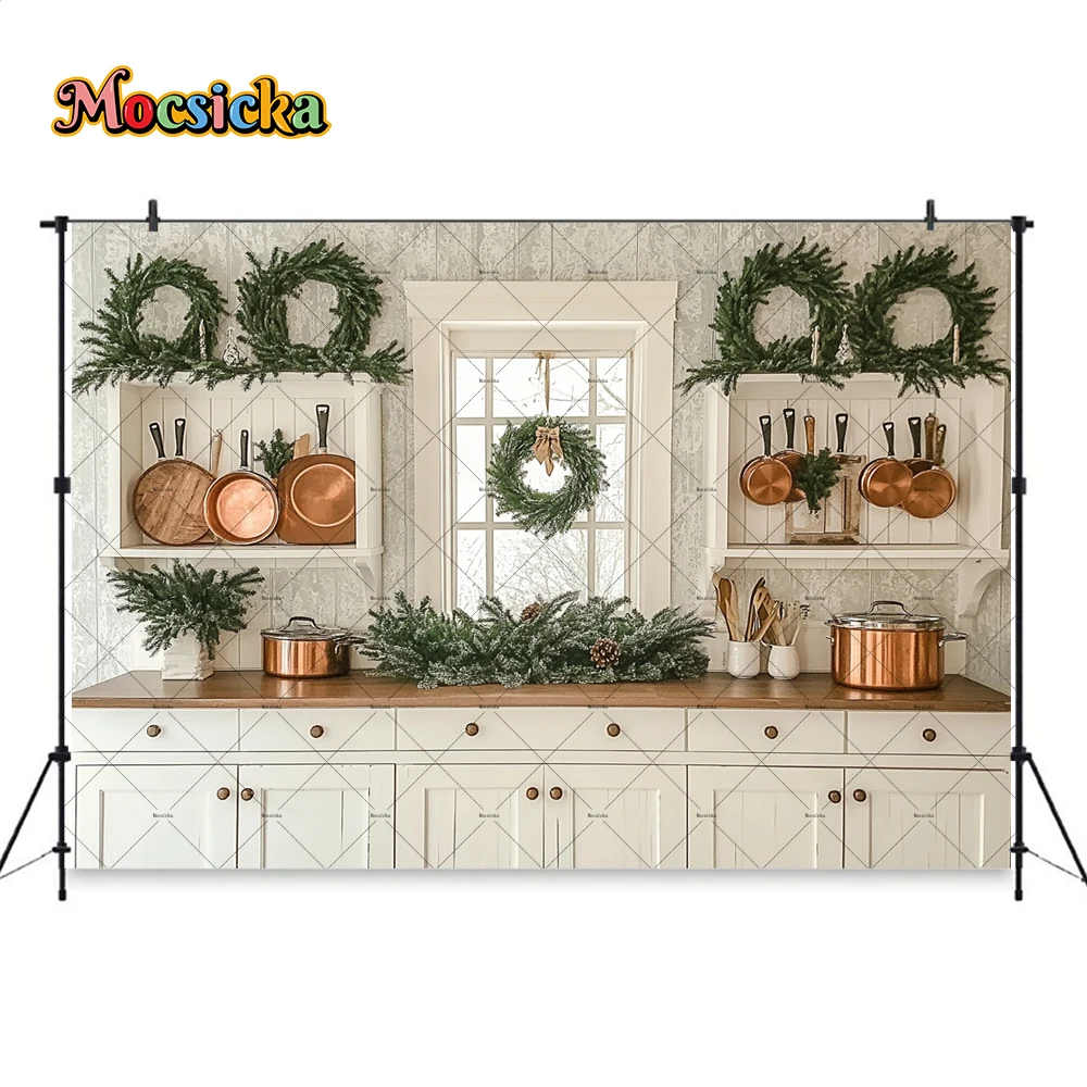 White Christmas Kitchen Background Photography Green Xmas Wreath Cabinets Rustic Wooden Backdrop Family Kids Photoshoot Studio